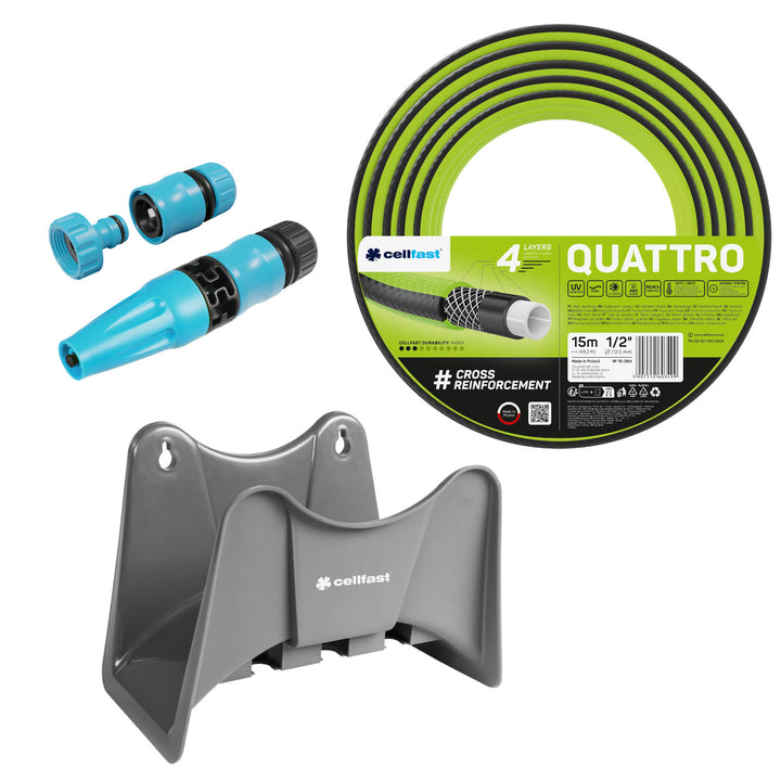 Cellfast Quattro haveslange 1/2" 15 m + Cellfast slangeholder, grå + sæt med Cellfast Basic 1/2" sprøjtehoved