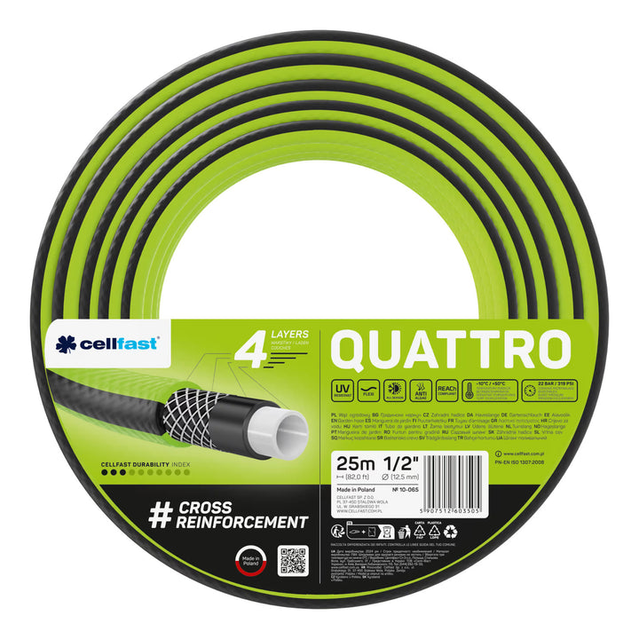 Cellfast Quattro haveslange 1/2" 25 m + Cellfast slangeholder, grå + sæt med Cellfast Basic 1/2" sprøjtehoved