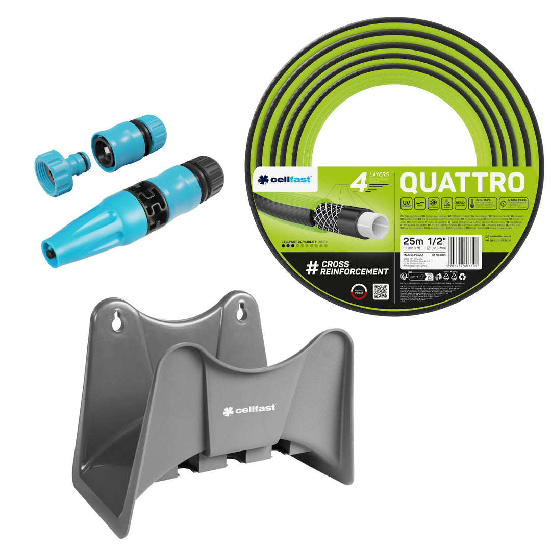 Cellfast Quattro haveslange 1/2" 25 m + Cellfast slangeholder, grå + sæt med Cellfast Basic 1/2" sprøjtehoved