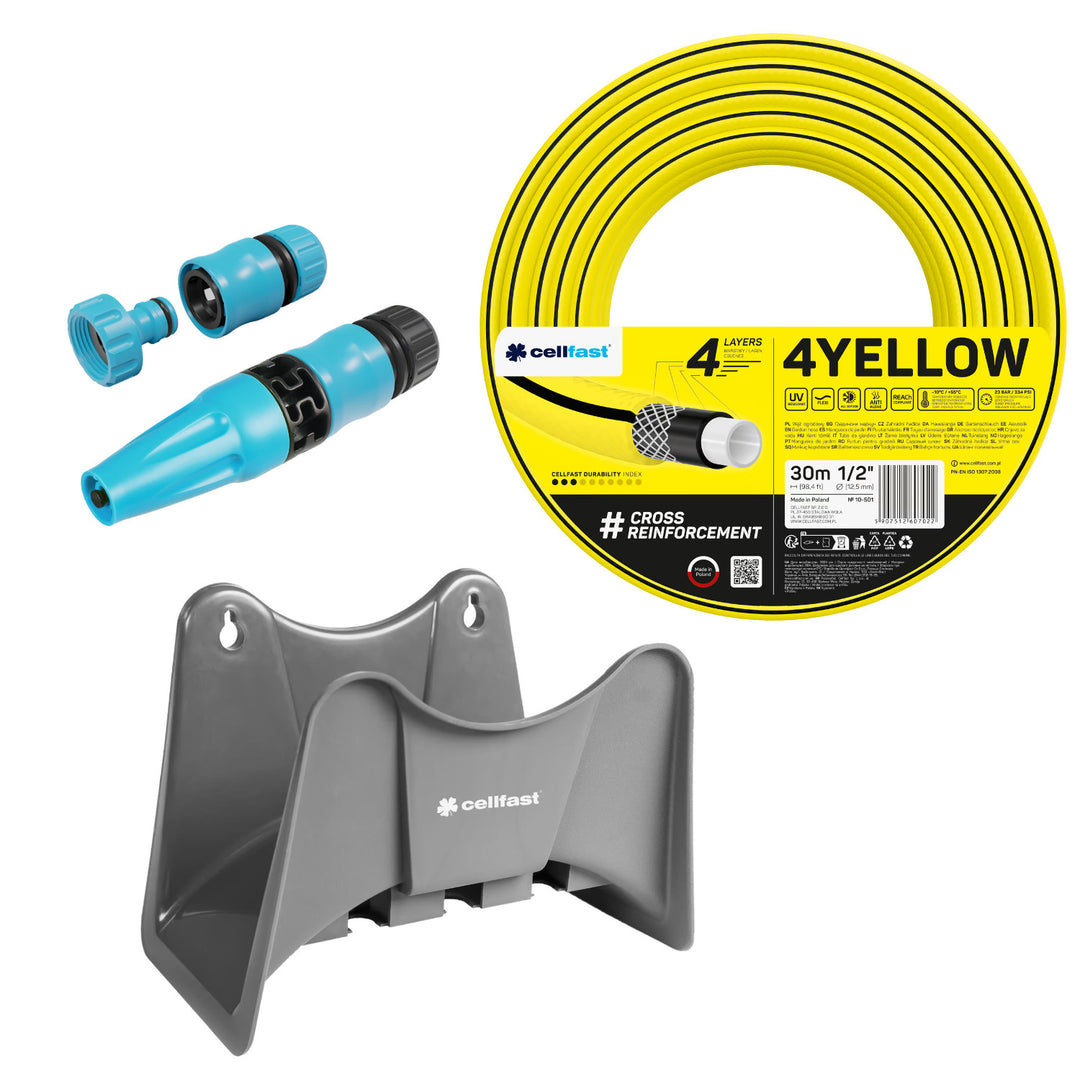 Cellfast 4YELLOW haveslange 1/2" 30 m + Cellfast slangestativ, grå + sæt med Cellfast Basic 1/2" sprøjtehoved