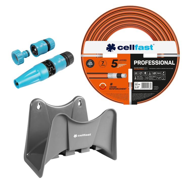 Cellfast haveslange, PROFESSIONAL 1/2" 20 m + Cellfast slangeholder, grå +  sæt med Cellfast Basic 1/2" sprøjtehoved