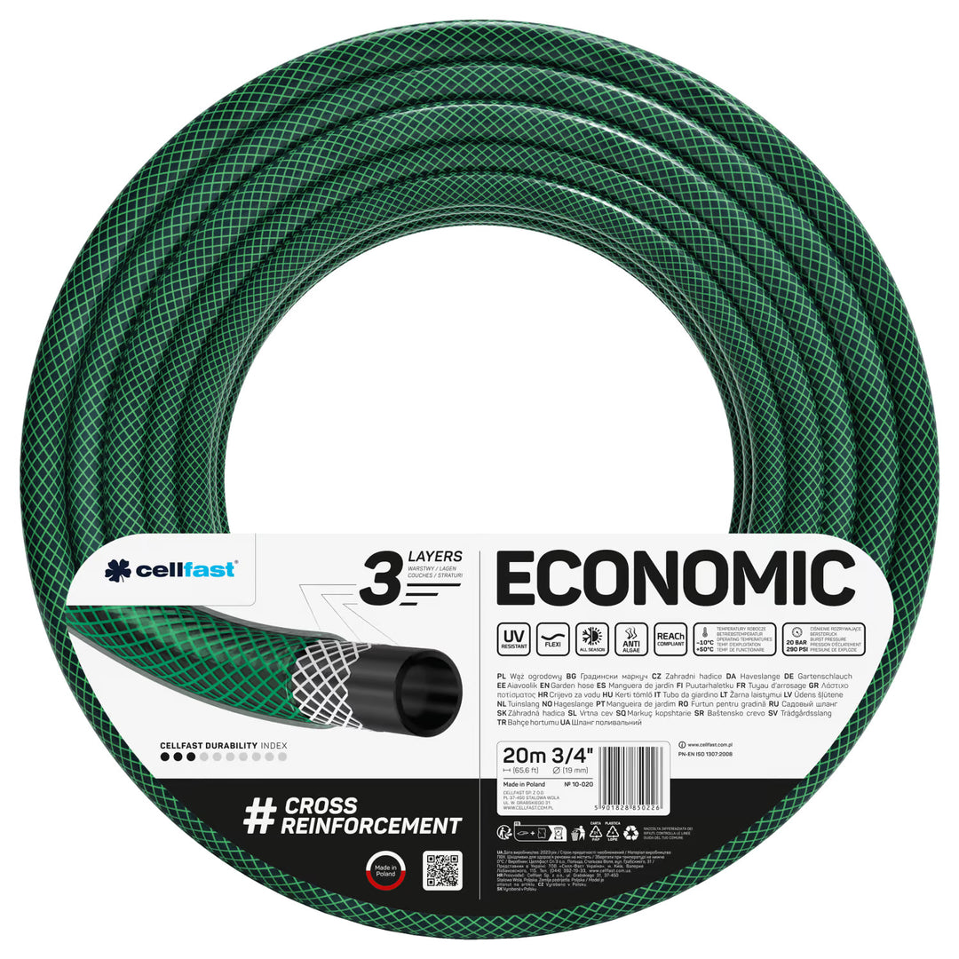 Cellfast Economic haveslange 3/4" 20 m + lige sprinkler + tilslutningsstykke med indvendigt gevind 3/4" + gennemgangs- og afspærringshurtigkobling 3/4"