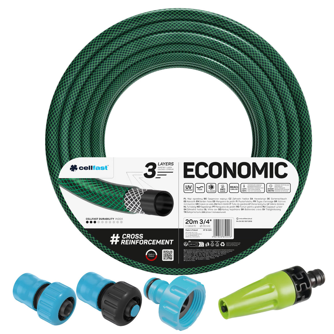 Cellfast Economic haveslange 3/4" 20 m + lige sprinkler + tilslutningsstykke med indvendigt gevind 3/4" + gennemgangs- og afspærringshurtigkobling 3/4"