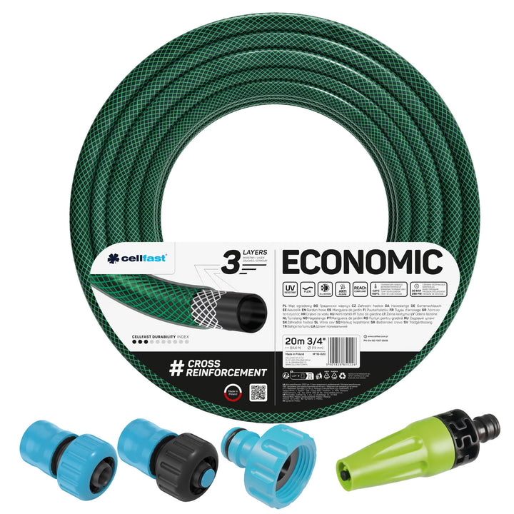 Cellfast Economic haveslange 3/4" 20 m + lige sprinkler + tilslutningsstykke med indvendigt gevind 3/4" + gennemgangs- og afspærringshurtigkobling 3/4"