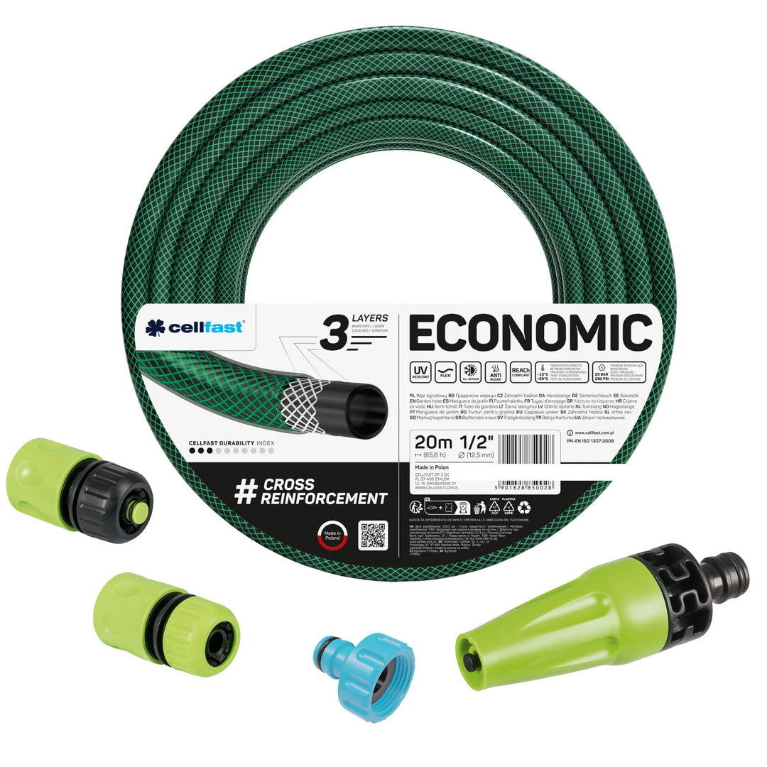 Cellfast Economic haveslange 1/2" 20 m + lige sprinklerhoved + tilslutningsstykke med indvendigt gevind 3/4" + gennemgangs- og stop-hurtigkobling 1/2"