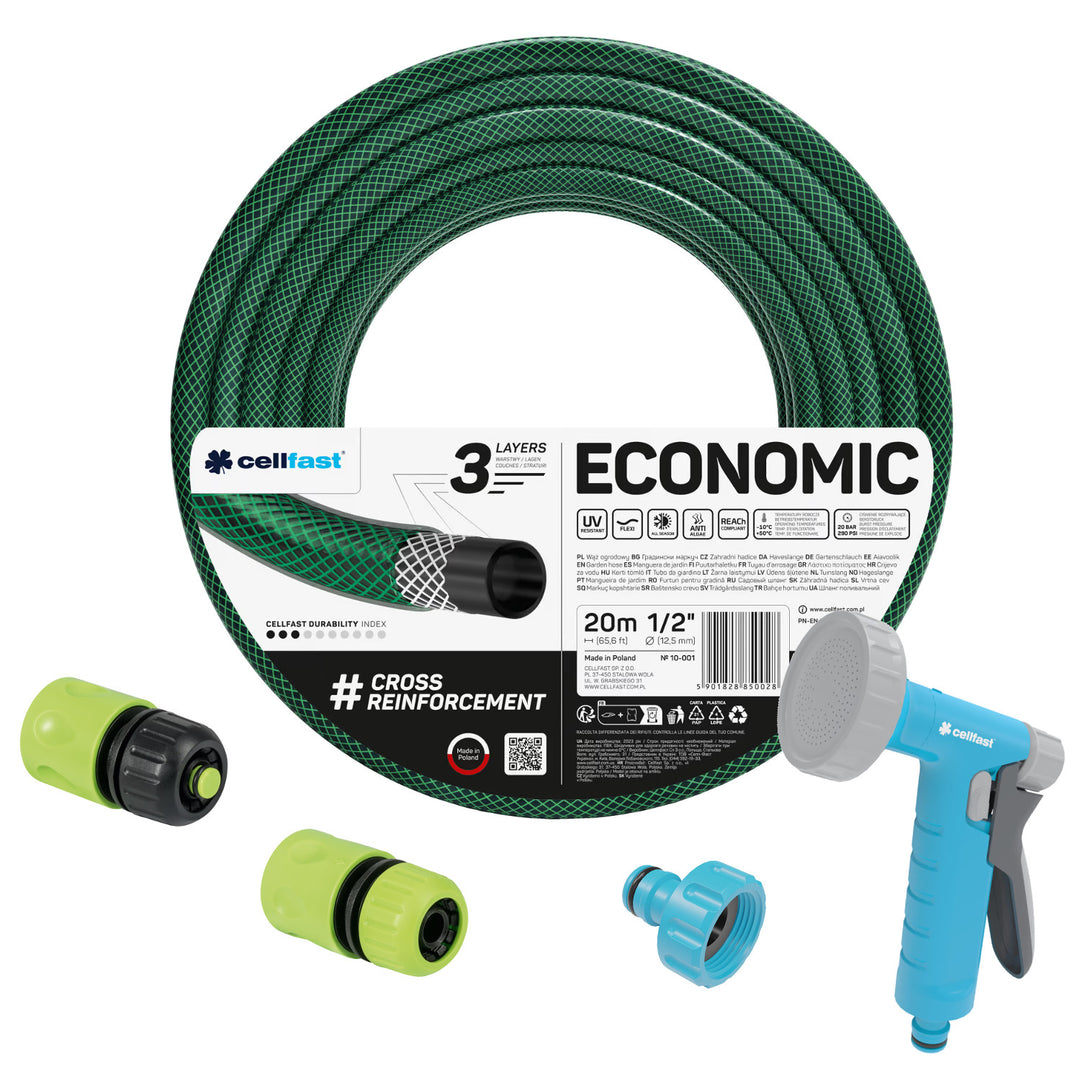 Cellfast Economic haveslange 1/2" 20 m + sprøjtepistol + tilslutning med indvendigt gevind 3/4" + gennemgangs- og afspærringshurtigkobling 1/2"