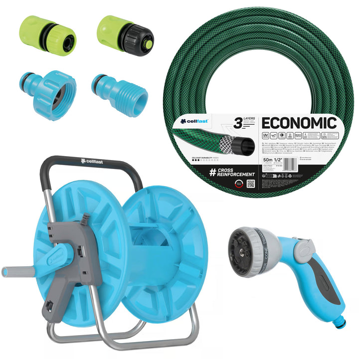 Economic haveslange 1/2" 50 m + stativ, tilslutning med 3/4" indvendigt gevind, tilslutning med udvendigt gevind 1/2", hurtigkobling med gennemgang og stop 1/2" + 8-funktioners sprøjtepistol Cellfast Mix Ideal