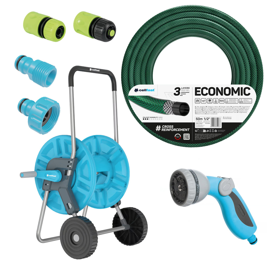 Economic haveslange 1/2" 50 m + vogn, tilslutning med 3/4" indvendigt gevind, tilslutning med udvendigt gevind 1/2", hurtigkobling med gennemstrømning og stop 1/2" + 8-funktioners sprøjtepistol Cellfast Mix Ideal
