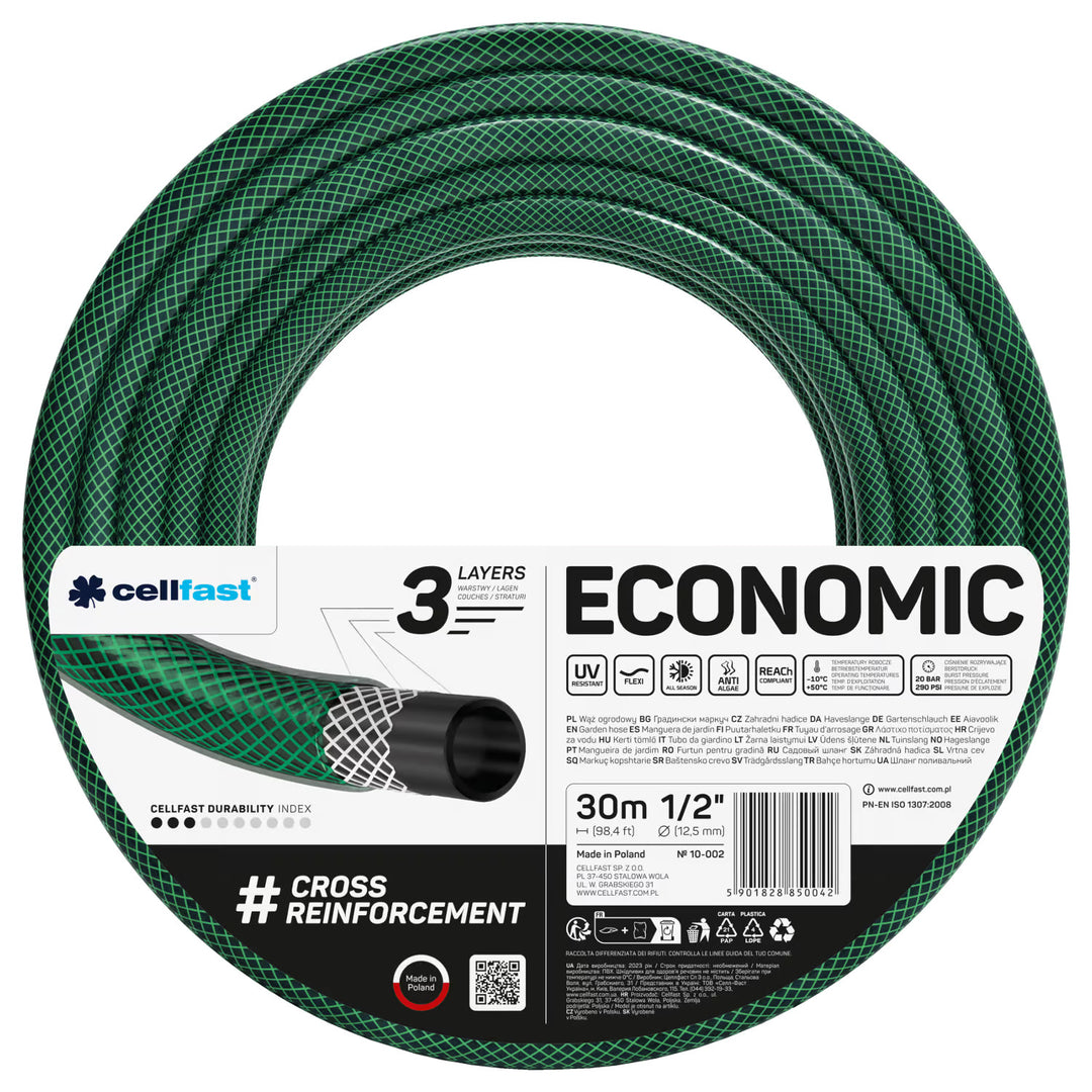 Cellfast Economic haveslange 1/2" 30 m + stativ, tilslutning med 3/4" indvendigt gevind, 1/2" gennemgangs- og stop-hurtigkobling + Cellfast Economic lige sprinkler
