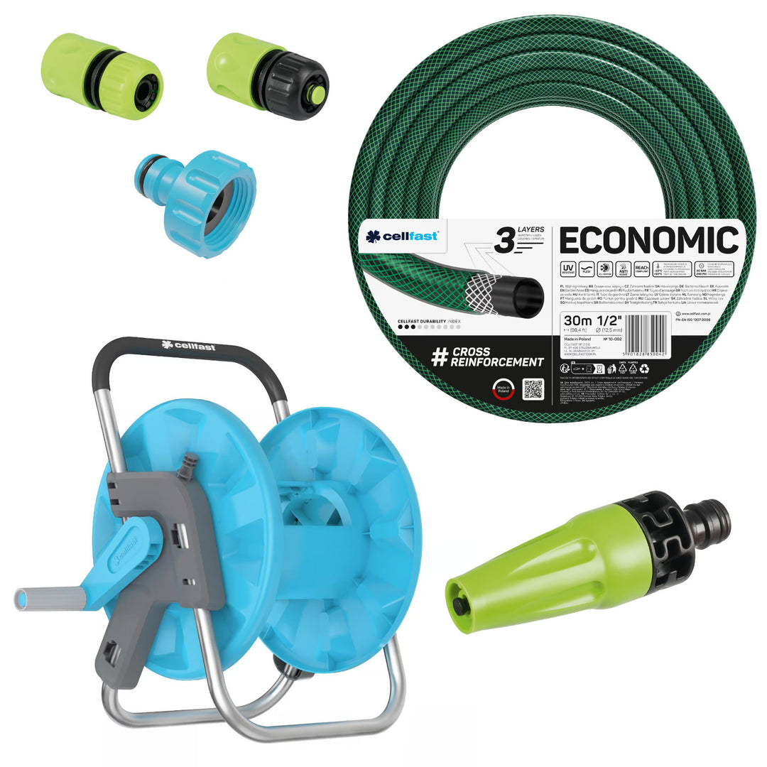 Cellfast Economic haveslange 1/2" 30 m + stativ, tilslutning med 3/4" indvendigt gevind, 1/2" gennemgangs- og stop-hurtigkobling + Cellfast Economic lige sprinkler