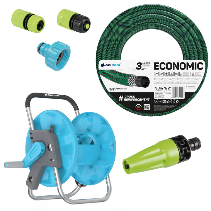 Cellfast Economic haveslange 1/2" 30 m + stativ, tilslutning med 3/4" indvendigt gevind, 1/2" gennemgangs- og stop-hurtigkobling + Cellfast Economic lige sprinkler