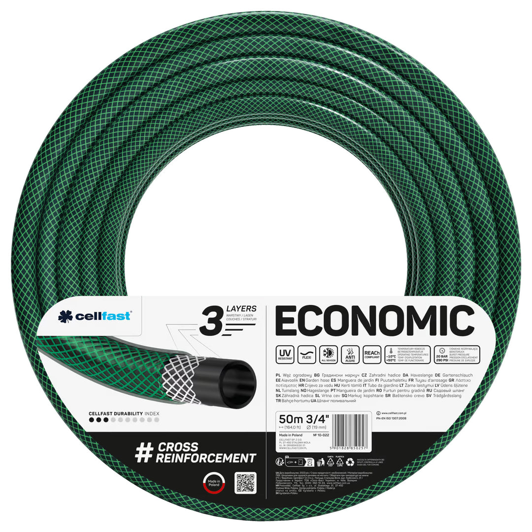 Cellfast Economic haveslange 3/4" 50 m + hurtigkobling i messing og gennemgangskobling 3/4" + tilslutning med indvendigt gevind 3/4" + roterende sprinkler + pistolsprinkler
