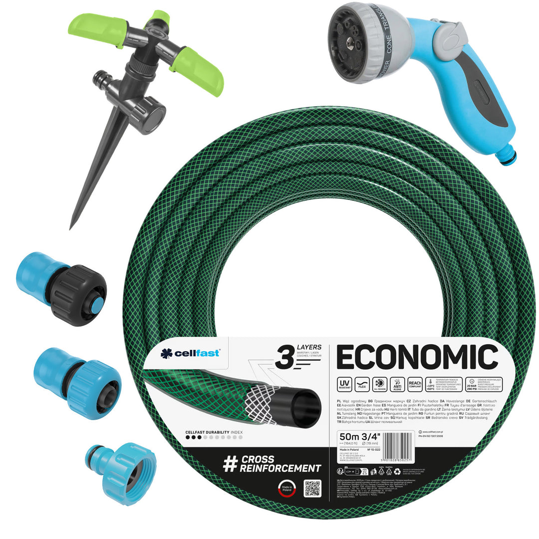Cellfast Economic haveslange 3/4" 50 m + hurtigkobling i messing og gennemgangskobling 3/4" + tilslutning med indvendigt gevind 3/4" + roterende sprinkler + pistolsprinkler