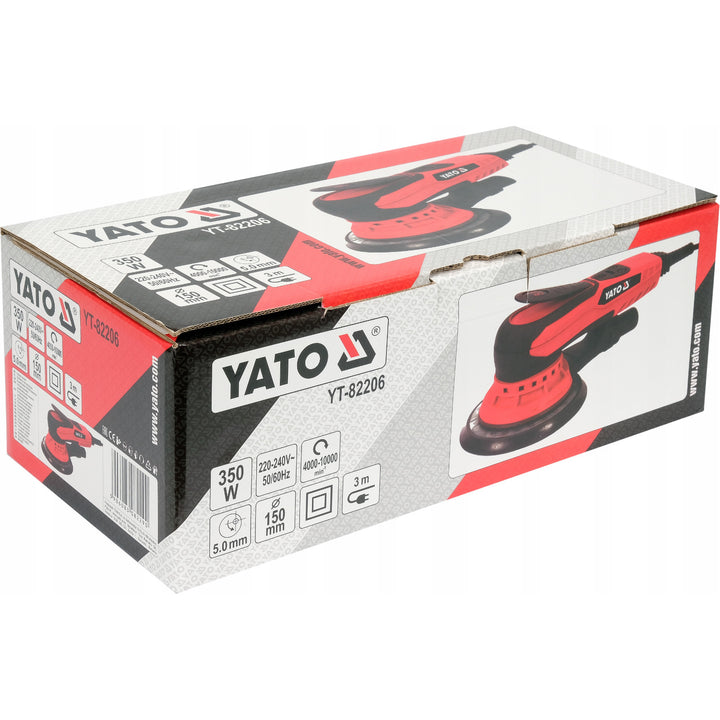 Yato excentersliber, 150 mm, effekt 350 W, omdrejningstal 4000–10000 omdr./min., ledningslængde 3 m, mulighed for tilslutning af støvsuger, YT-82206