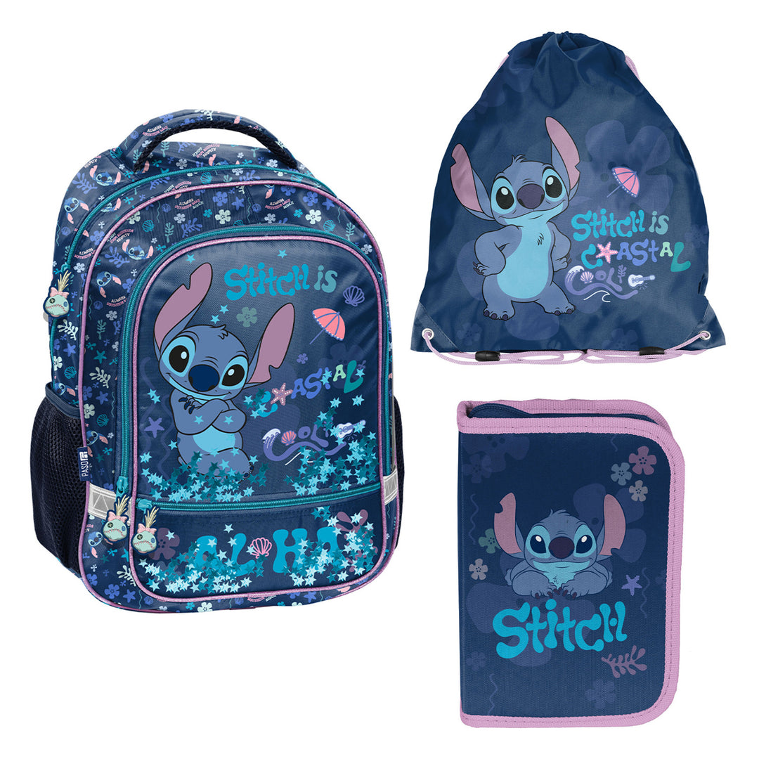 Stitch Paso-skolesæt, rygsæk med to rum, refleksdetaljer og forstærket ryg, penal uden indhold og med holdere til skriveartikler, skosæk, der kan bæres på ryggen, DS26XX