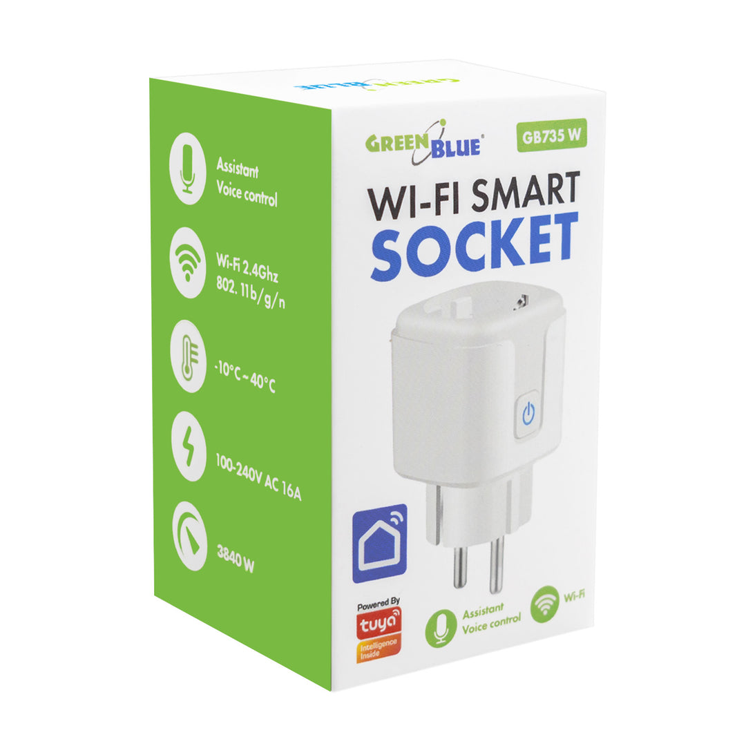 GreenBlue WiFi-stik med fjernbetjening, Android/iOS/Alexa/Google Home, timer, wattmåler, maks. 16 A/3840 W, GB735 W, 2 stk.