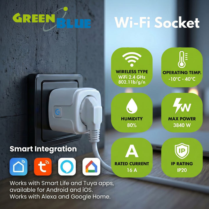 GreenBlue WiFi-stik med fjernbetjening, Android/iOS/Alexa/Google Home, timer, wattmåler, maks. 16 A/3840 W, GB735 W, 2 stk.