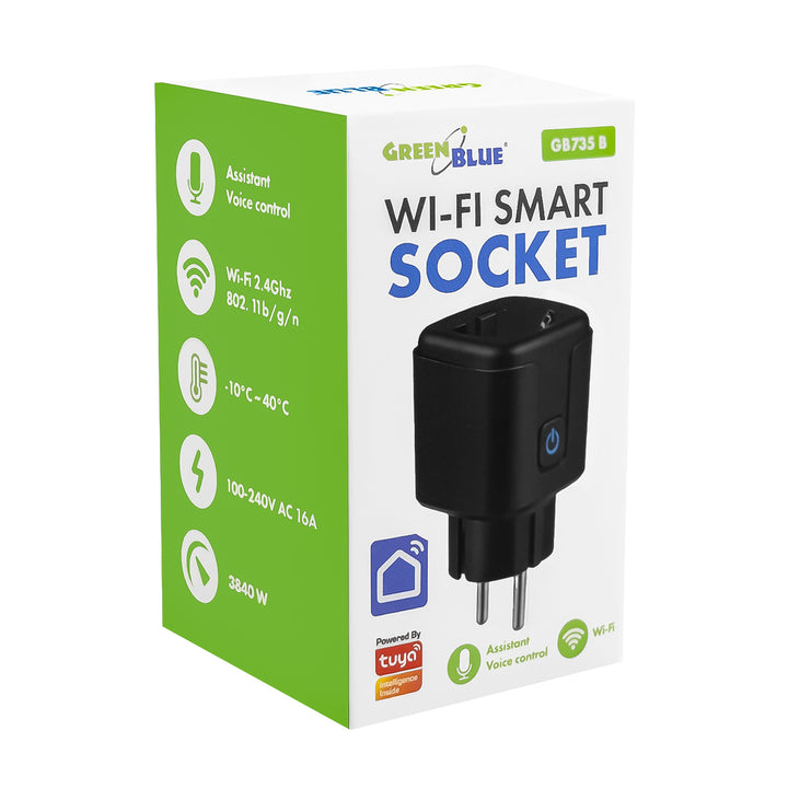 GreenBlue WiFi-stik med fjernbetjening, Android/iOS/Alexa/Google Home, timer, wattmåler, maks. 16 A/3840 W, GB735 B, 2 stk.