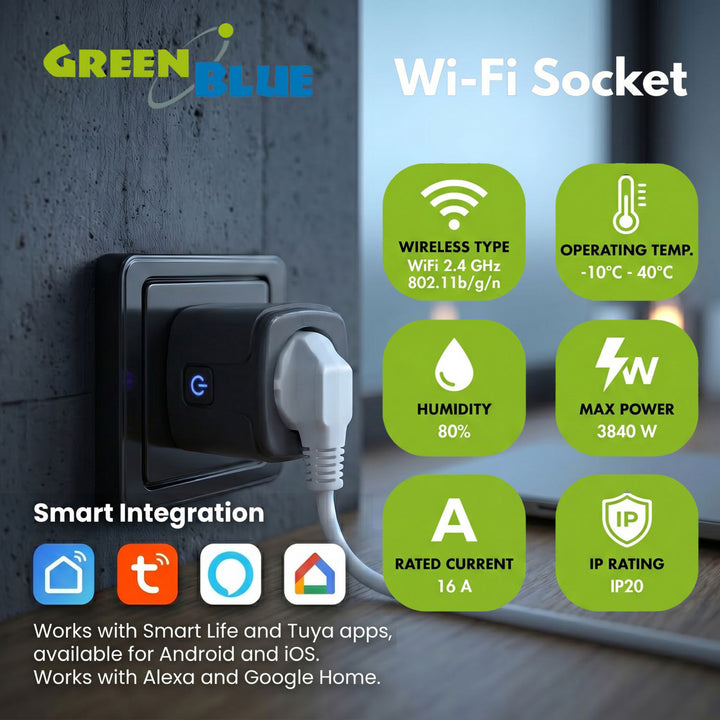 GreenBlue WiFi-stik med fjernbetjening, Android/iOS/Alexa/Google Home, timer, wattmåler, maks. 16 A/3840 W, GB735 B, 2 stk.
