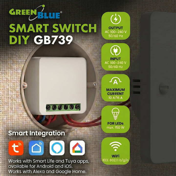 GreenBlue indbygget WiFi-relæ, Android/iOS/Alexa/Google Home, 100–240 V AC, 50/60 Hz, maks. 16 A, til LED 150 W, GB739, 2 stk.