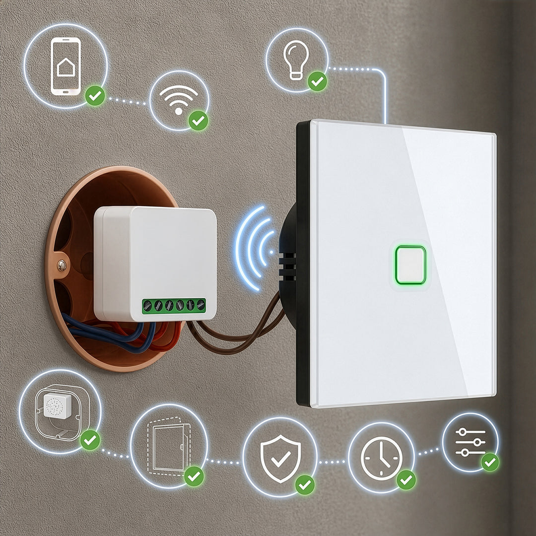 GreenBlue indbygget WiFi-relæ, Android/iOS/Alexa/Google Home, 100–240 V AC, 50/60 Hz, maks. 16 A, til LED 150 W, GB739, 4 stk.
