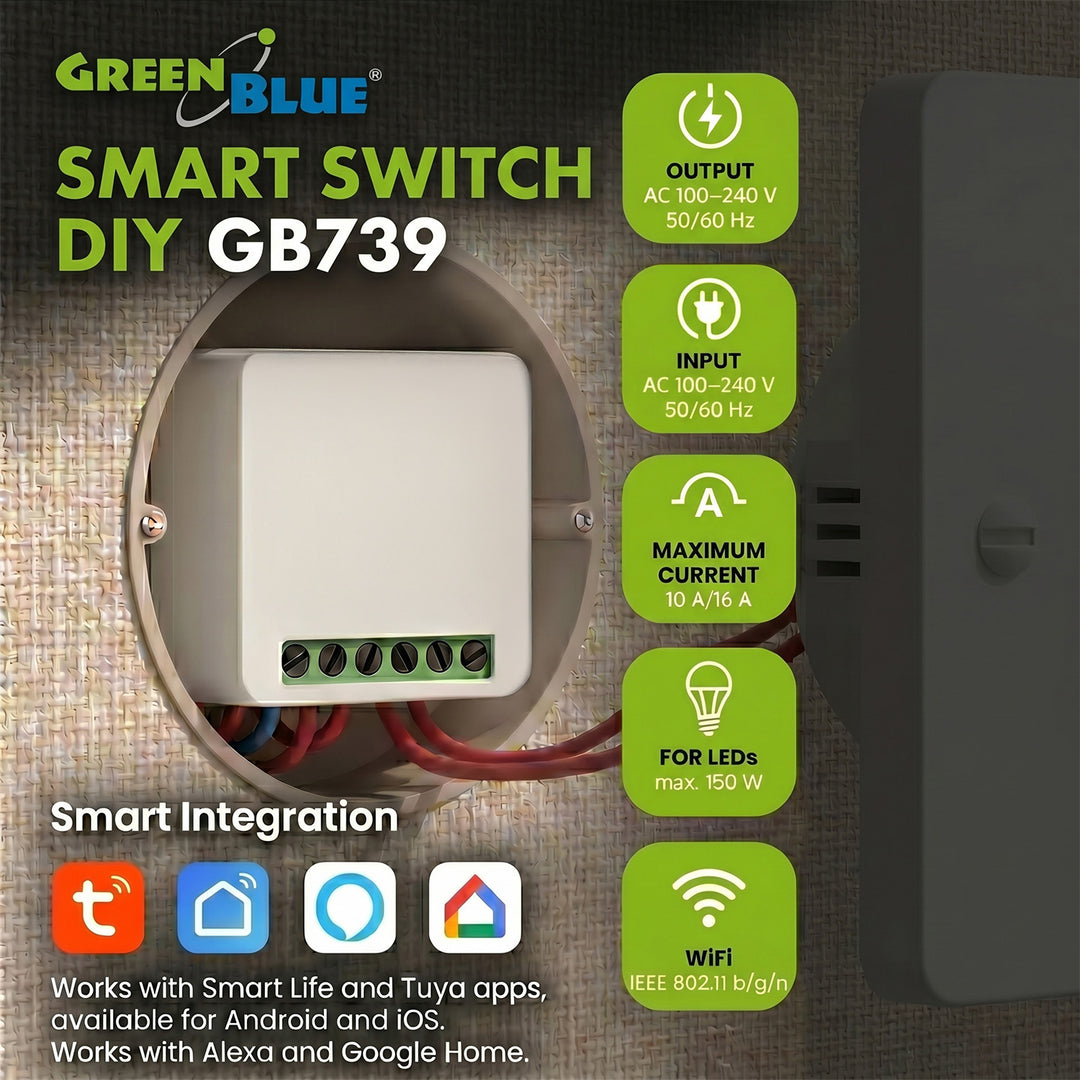 GreenBlue indbygget WiFi-relæ, Android/iOS/Alexa/Google Home, 100–240 V AC, 50/60 Hz, maks. 16 A, til LED 150 W, GB739, 4 stk.