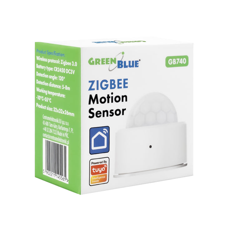 Trådløs Zigbee-bevægelsessensor fra Tuya GreenBlue, Android/iOS, CR2450 DC 3,0 V, detekteringsvinkel 120° / op til 8 m, GB740, 2 stk.