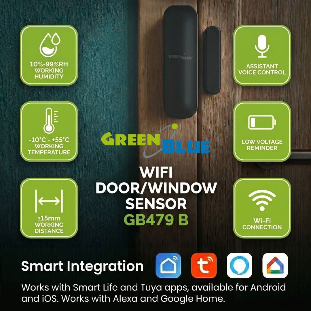 Trådløs kontaktor / WiFi-åbningssensor fra GreenBlue, Android/iOS, til døre / vinduer, 3,0 V DC, LR03x2, GB479 B, 2 sæt