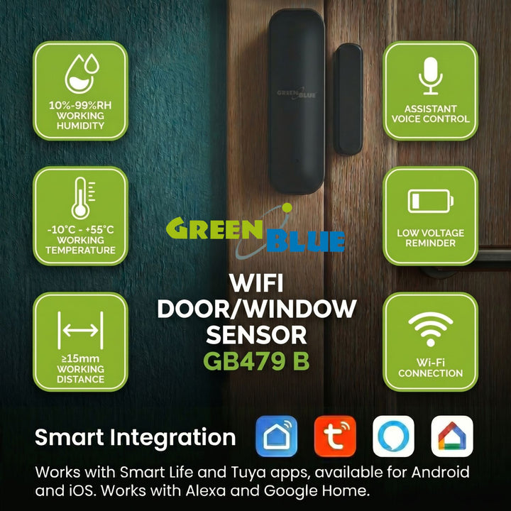 Trådløs kontaktor / WiFi-åbningssensor fra GreenBlue, Android/iOS, til døre / vinduer, 3,0 V DC, LR03x2, GB479 B, 2 sæt