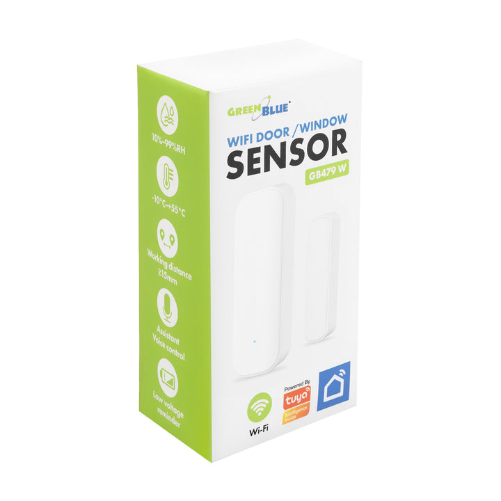 Trådløs kontaktor / åbningssensor med WiFi fra GreenBlue, Android/iOS, til døre / vinduer, 3,0 V DC, LR03x2, GB479 W, 2 sæt