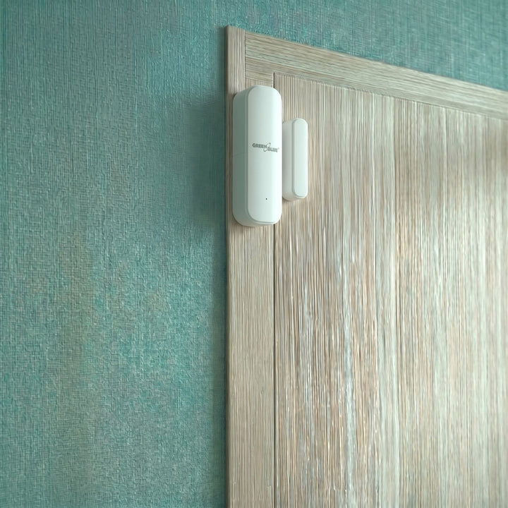 Trådløs kontaktor / åbningssensor med WiFi fra GreenBlue, Android/iOS, til døre / vinduer, 3,0 V DC, LR03x2, GB479 W, 2 sæt