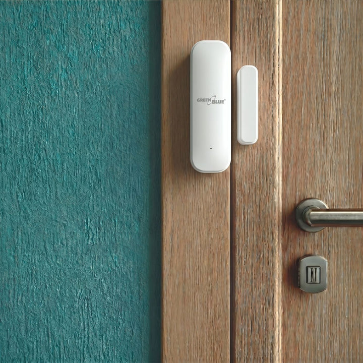 Trådløs kontaktor / åbningssensor med WiFi fra GreenBlue, Android/iOS, til døre / vinduer, 3,0 V DC, LR03x2, GB479 W, 2 sæt