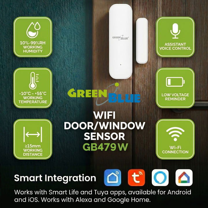 Trådløs kontaktor / åbningssensor med WiFi fra GreenBlue, Android/iOS, til døre / vinduer, 3,0 V DC, LR03x2, GB479 W, 2 sæt