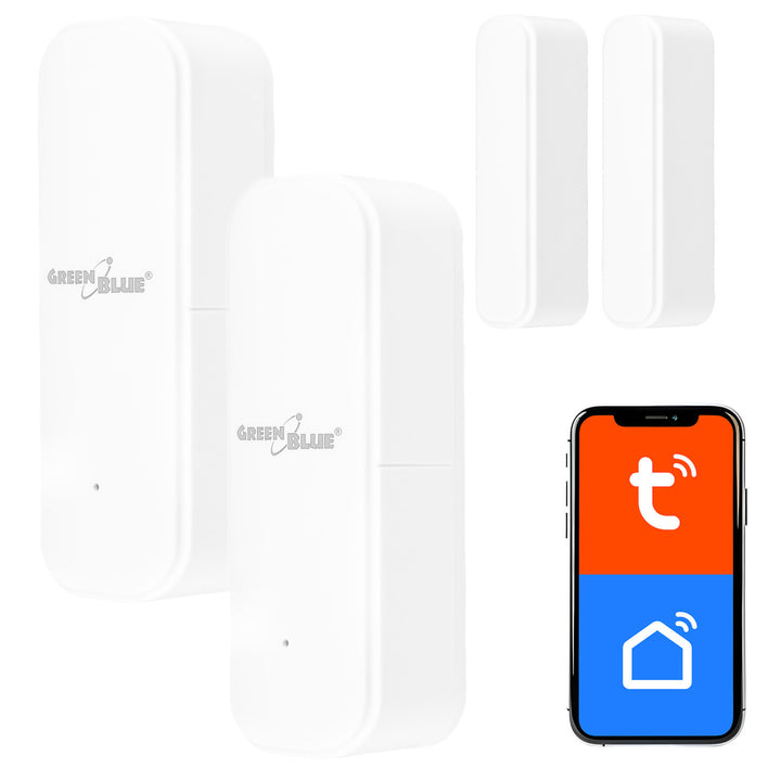 Trådløs kontaktor / åbningssensor med WiFi fra GreenBlue, Android/iOS, til døre / vinduer, 3,0 V DC, LR03x2, GB479 W, 2 sæt