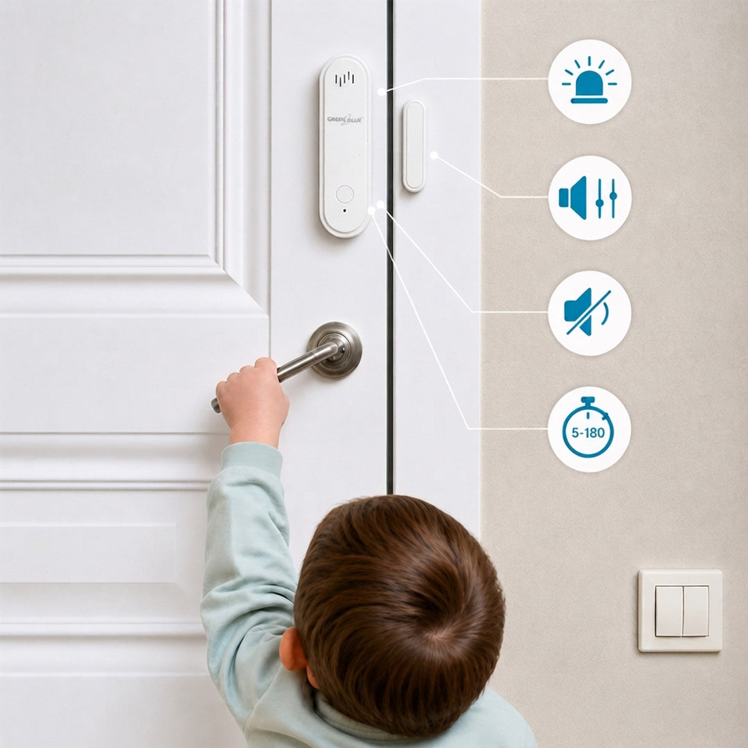 Trådløs kontakt / WiFi-åbningssensor fra GreenBlue, Android/iOS, til døre / vinduer, 3,0 V DC, LR03x2, med alarm, GB478, 2 sæt