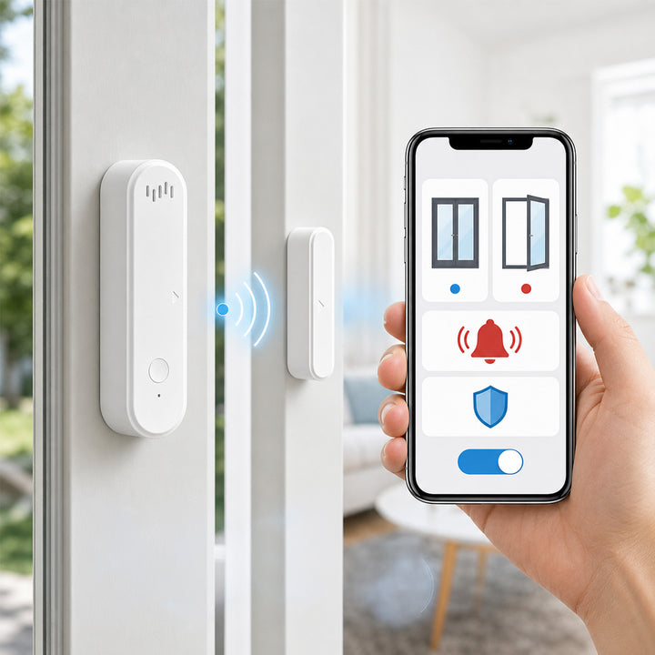 Trådløs kontakt / WiFi-åbningssensor fra GreenBlue, Android/iOS, til døre / vinduer, 3,0 V DC, LR03x2, med alarm, GB478, 2 sæt