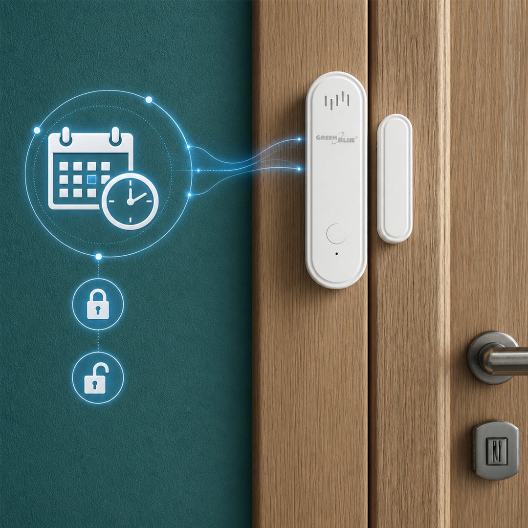 Trådløs kontakt / WiFi-åbningssensor fra GreenBlue, Android/iOS, til døre / vinduer, 3,0 V DC, LR03x2, med alarm, GB478, 2 sæt