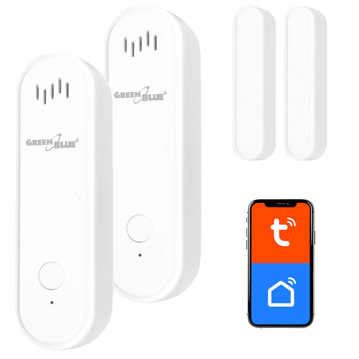 Trådløs kontakt / WiFi-åbningssensor fra GreenBlue, Android/iOS, til døre / vinduer, 3,0 V DC, LR03x2, med alarm, GB478, 2 sæt