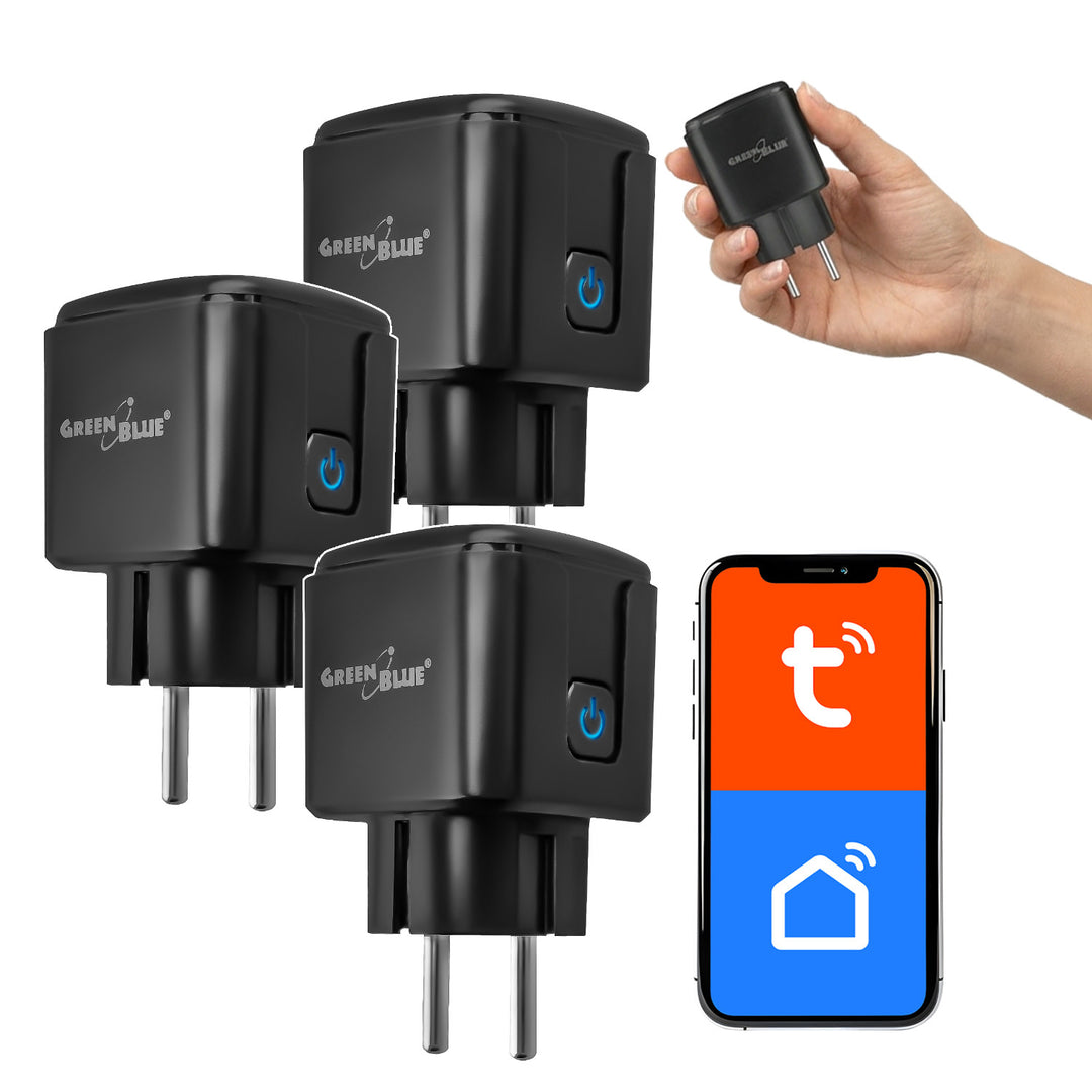 GreenBlue WiFi-styret stikkontakt, Android/iOS/Alexa/Google Home, timer, wattmåler, maks. 16 A/3840 W, GB735 B, 3 stk.