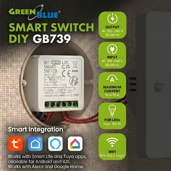 GreenBlue indbygget WiFi-relæ, Android/iOS/Alexa/Google Home, 100–240 V AC, 50/60 Hz, maks. 16 A, til LED 150 W, GB739, 3 stk.