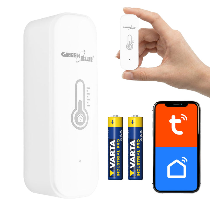 GreenBlue WiFi-temperatur- og fugtighedssensor, Android/iOS/Alexa/Google Home, 3,0 V DC, LR03x2, GB737 + 2 stk. R-03 LR03 AAA-alkalibatterier fra Varta Industrial 4003