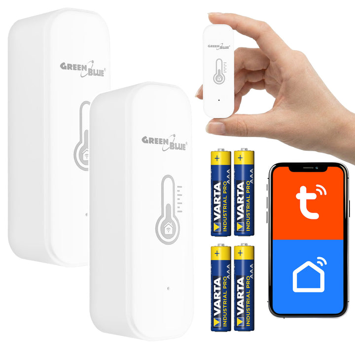 GreenBlue WiFi-temperatur- og fugtighedssensor, Android/iOS/Alexa/Google Home, 3,0 V DC, LR03x2, GB737, 2 stk. + 4 stk. Varta Industrial 4003 AAA-alkalibatterier