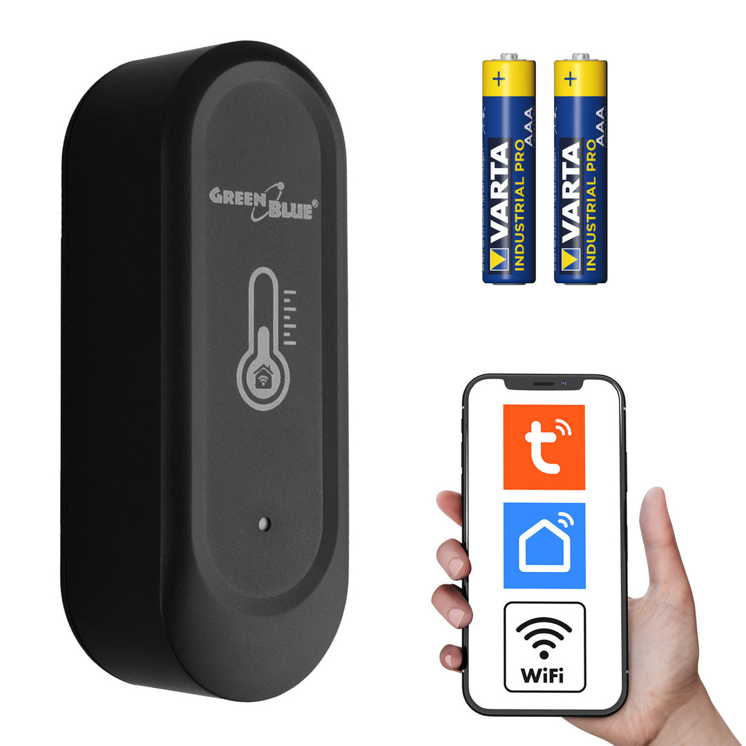 GreenBlue udendørs WiFi-temperatur- og fugtighedssensor, Android/iOS, 3,0 V DC, LR03x2, IP65, GB741 + 2 stk. R-03 LR03 AAA-alkalibatterier fra Varta Industrial 4003
