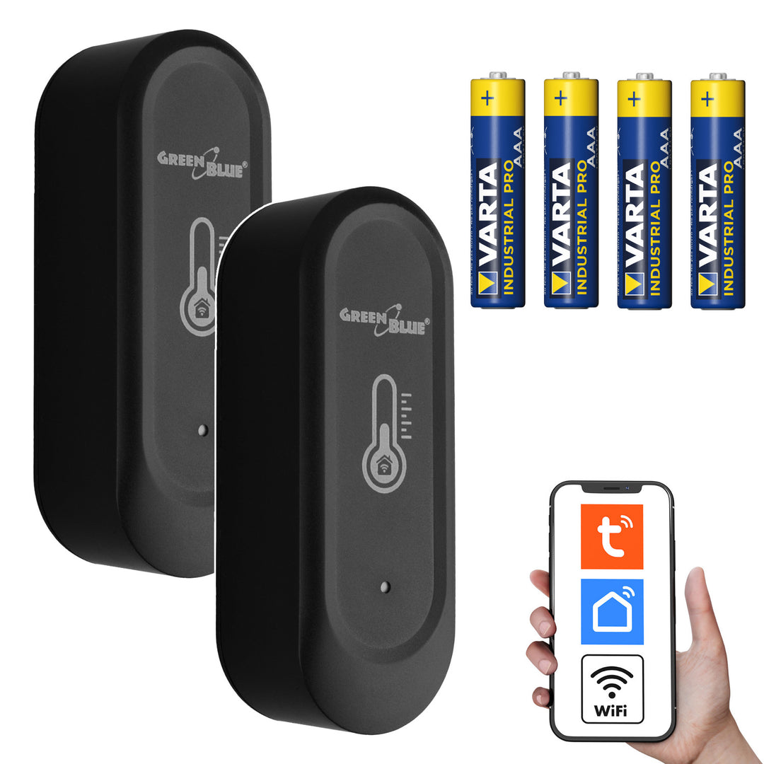 GreenBlue udendørs WiFi-temperatur- og fugtighedssensor, Android/iOS, 3,0 V DC, LR03x2, IP65, GB741, 2 stk. + 4 stk. Varta Industrial 4003 AAA-alkalibatterier