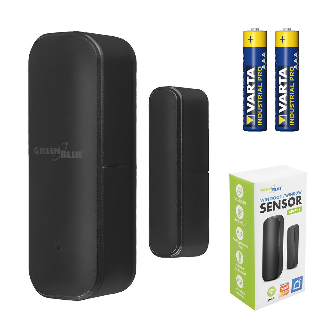 GB479 B Trådløs kontaktor / WiFi-åbningssensor fra GreenBlue, Android/iOS, til døre / vinduer, 3,0 V DC, LR03x2, GB479 B + 2 stk. R-03 LR03 AAA-alkalibatterier fra Varta Industrial 4003
