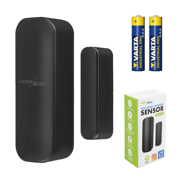 GB479 B Trådløs kontaktor / WiFi-åbningssensor fra GreenBlue, Android/iOS, til døre / vinduer, 3,0 V DC, LR03x2, GB479 B + 2 stk. R-03 LR03 AAA-alkalibatterier fra Varta Industrial 4003