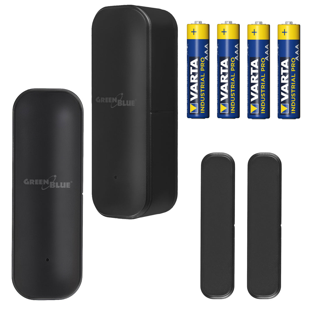 Trådløs kontaktor / WiFi-åbningssensor fra GreenBlue, Android/iOS, til døre / vinduer, 3,0 V DC, LR03x2, GB479 B, 2 stk. + 4 stk. Varta Industrial 4003 AAA-alkalibatterier