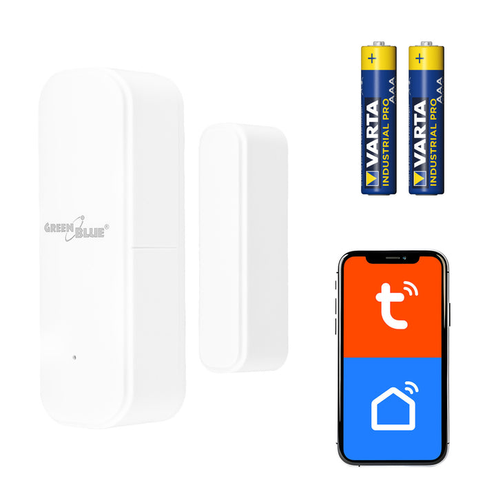 Trådløs kontaktor / WiFi-åbningssensor fra GreenBlue, Android/iOS, til døre / vinduer, 3,0 V DC, LR03x2, GB479 W + 2 stk. R-03 LR03 AAA-alkalibatterier fra Varta Industrial 4003