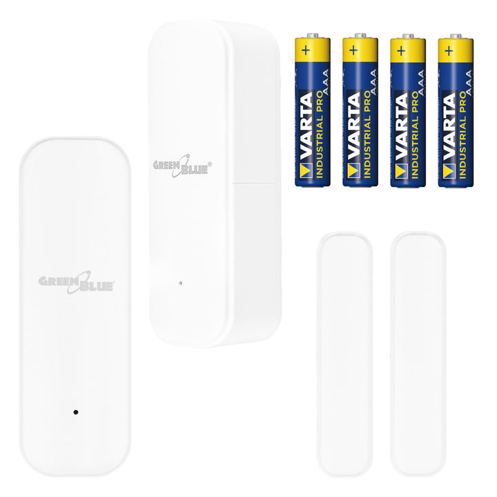 Trådløs kontaktor / WiFi-åbningssensor fra GreenBlue, Android/iOS, til døre / vinduer, 3,0 V DC, LR03x2, GB479, 2 stk.  + 4 stk. Varta Industrial 4003 AAA-alkalibatterier