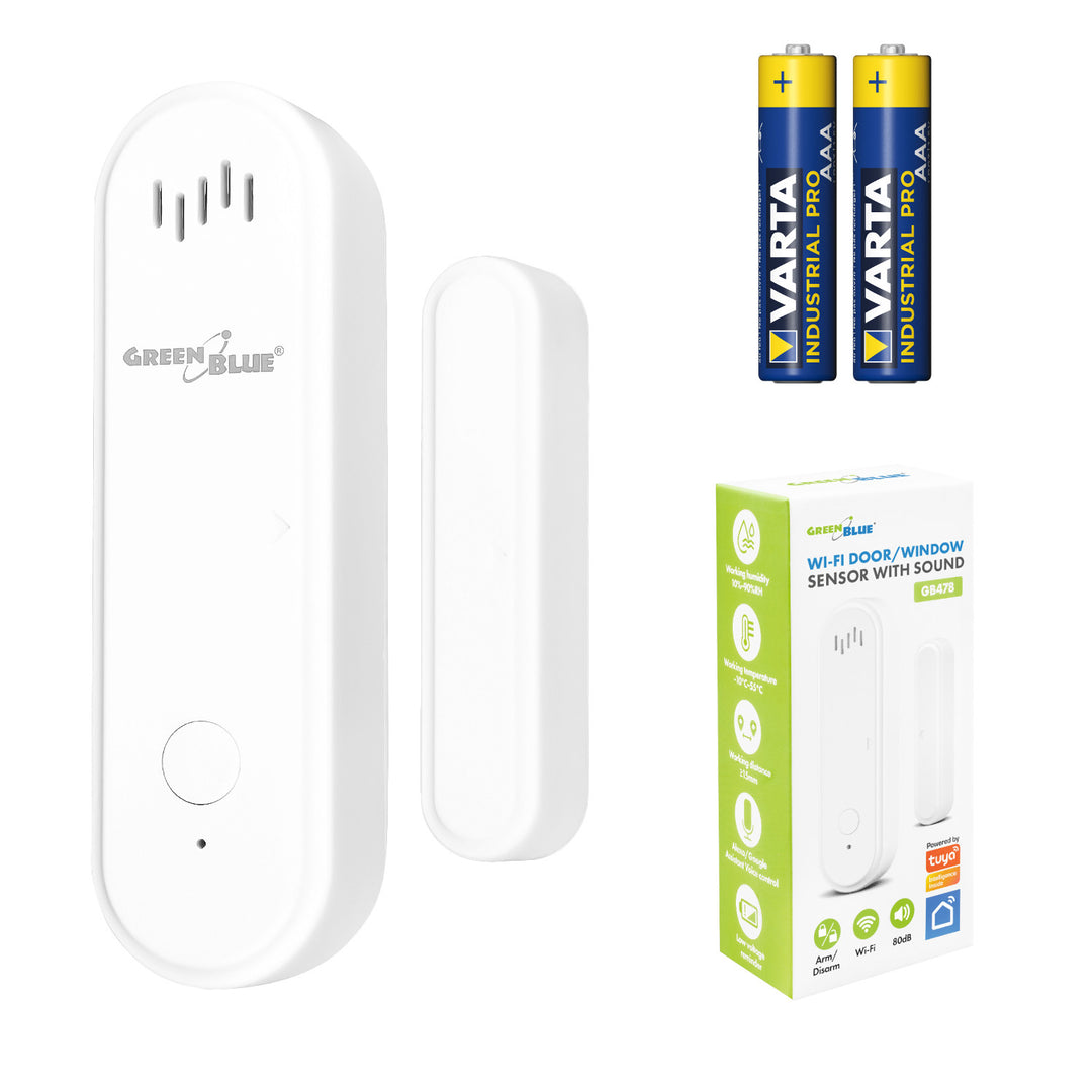 Trådløs kontaktor / WiFi-åbningssensor fra GreenBlue, Android/iOS, til døre / vinduer, 3,0 V DC, LR03x2, med alarm, GB478 + 2x R-03 LR03 AAA-alkalibatterier fra Varta Industrial 4003